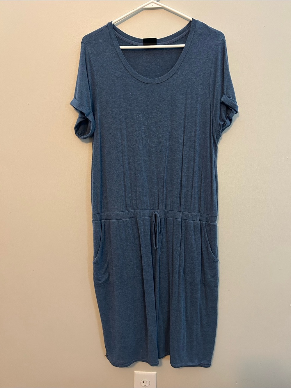 Relaxed Blue Short-Sleeve Drawstring Mini Dress